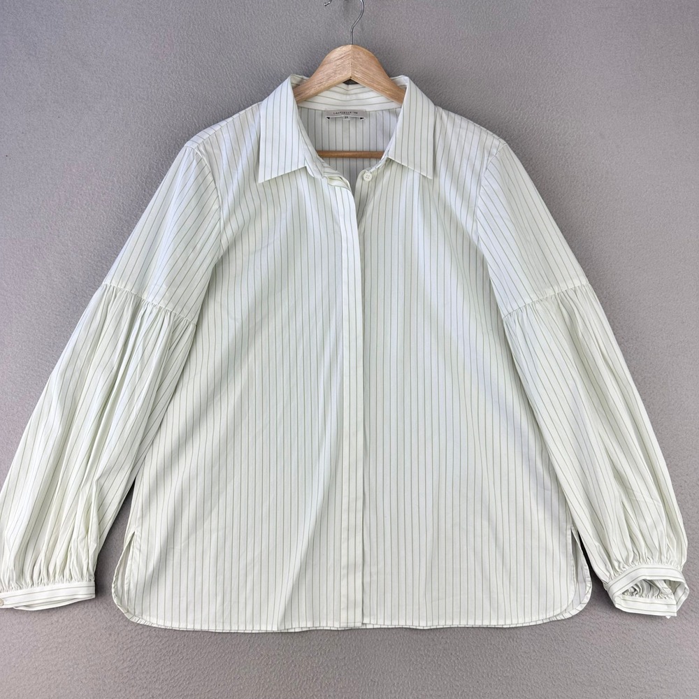 Lafayette 148 New York Striped Button Up Shirt Women M Green Balloon Sleeve - Picture 1 of 9